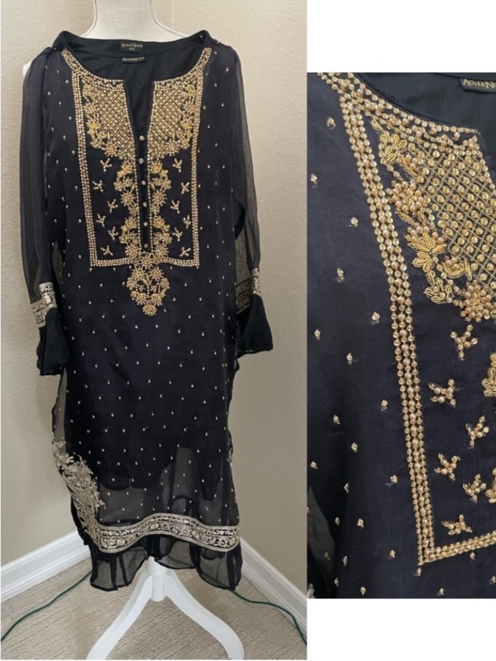 -Style Black Dress with Gold Embroidery